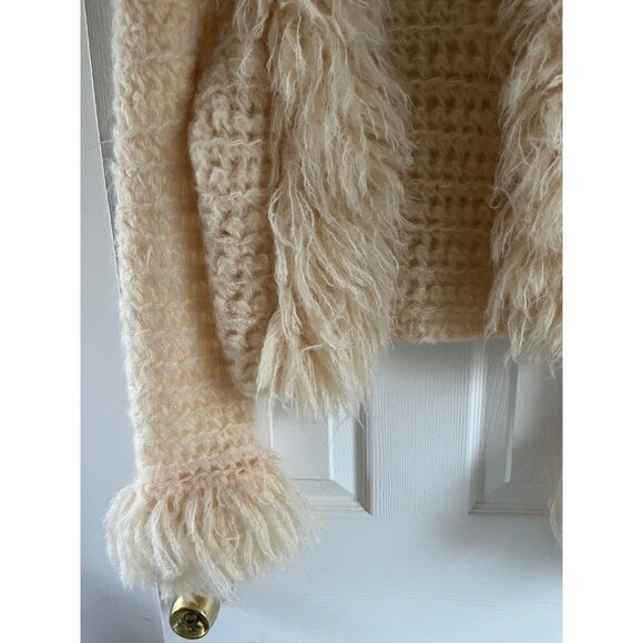 Vintage 1978 Handmade Natural Wool Crocheted Jacket Made In France Fringe XS - Picture 3 of 10